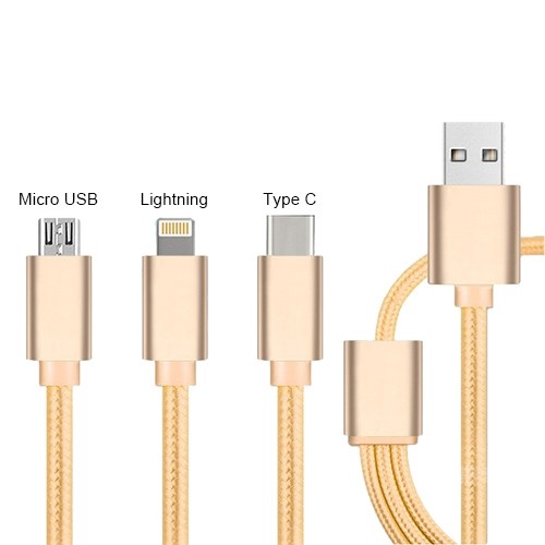 3 in 1 Lightning & Micro USB & Type C Cable (Silver/Gold/Pink/Black)